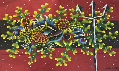 une photo d'un tableau représentant un oiseau sur fond rouge