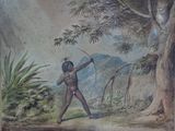 a painting of a man holding a bow in a forest