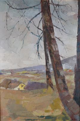 une peinture à l'huile représentant deux arbres dans un champ, avec le ciel en arrière-plan