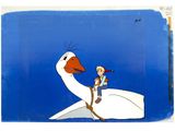 an image of a painting of a person on a swan with a bird