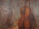 une peinture à l'huile représentant un violoncelle posé sur un parquet