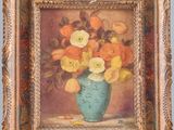 a painting of flowers in a blue vase on a table