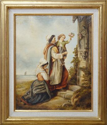 une peinture représentant une femme tenant un enfant dans ses bras