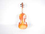 an orange violin sitting on top of a white surface next to a white wall