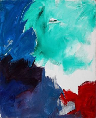 an abstract painting of blue, red and green on a white background