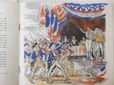 an open book with a drawing of a military scene in the background