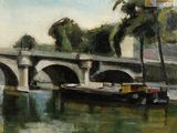 une peinture d'un bateau sur l'eau près d'un pont