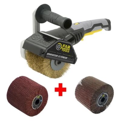a close up of a sander with a brush and a roll of cloth
