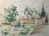 une aquarelle représentant une maison avec des arbres en arrière-plan
