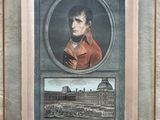 painting of a man in a red coat and a picture of a building
