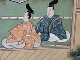 a picture of a painting of two women sitting on a bench
