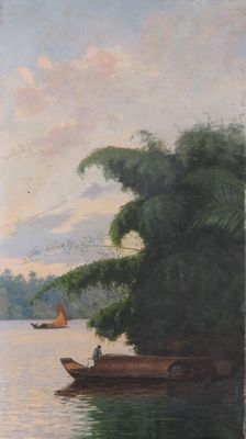un tableau représentant un bateau sur l'eau, avec un arbre en arrière-plan