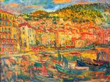 an oil painting of boats in a harbor with a mountain in the background