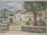 une aquarelle représentant un arbre devant un immeuble