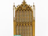 an old wooden church window with a cross on top of it