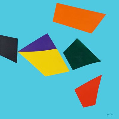 une image représentant une peinture composée de formes géométriques sur fond bleu
