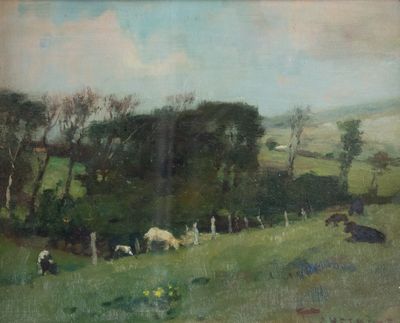 a painting of sheep grazing in a field near a fence