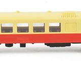 a yellow and red train car on a white background