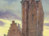 a painting of a castle on a hill with a sky background