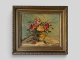 a painting of roses in a vase on a table