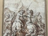une image représentant un dessin d'un homme à cheval au milieu d'une bataille