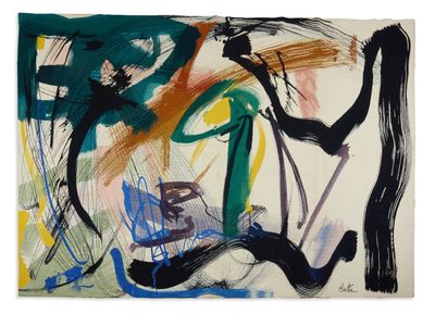 an abstract painting with black, green, yellow, and red colors