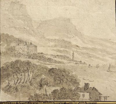 dessin représentant une vue d'une ville avec un château au loin