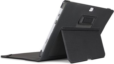 a black ipad case sitting on top of a white surface
