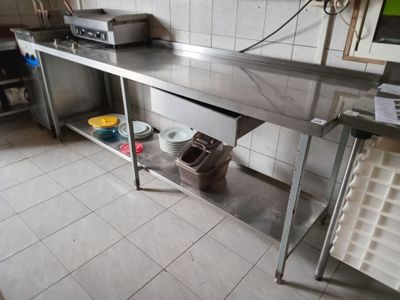 a large stainless steel counter in a commercial kitchen