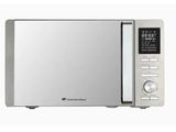 the microwave is silver and has a digital clock on the side