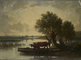 un tableau représentant une vache et un homme sur un bateau