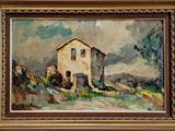 une image d'une peinture représentant une maison sur une colline