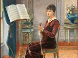 tableau représentant une femme assise sur une chaise devant un piano