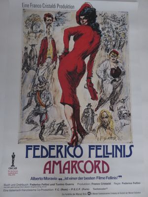 poster of a woman in a red dress dancing in front of a crowd