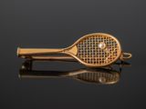 gold plated tennis racket tie bar with pearl accent
