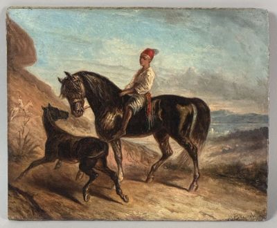 a painting of a man riding a horse with a dog