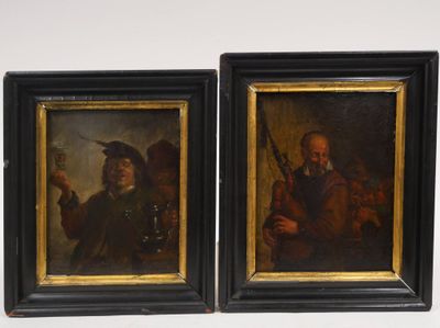 une paire de peintures à l'huile représentant un homme et une femme tenant chacun un verre de vin