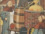 painting of a man holding a glass of wine in front of a barrel of wine