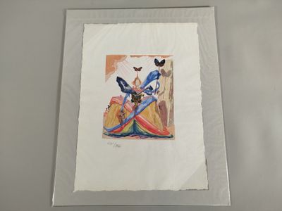 une photo d'une photo représentant un oiseau et un papillon accrochée au mur
