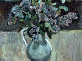 une peinture représentant un vase de fleurs sur une table