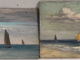 deux tableaux représentant des voiliers en mer par temps nuageux