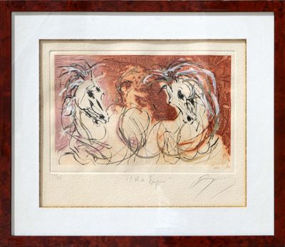 une image représentant un tableau avec trois chevaux, dans un cadre en bois