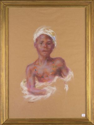 une peinture à l'huile représentant une femme coiffée d'un turban, dans un cadre doré