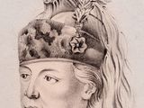 an old drawing of a man wearing a hat with a feather on it