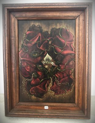 painting of a woman in a red dress surrounded by red flowers