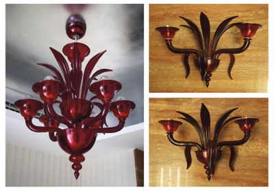 three pictures of a red chandelier hanging from a ceiling