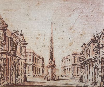 drawing of a street with buildings and a clock tower in the distance
