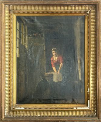 une peinture à l'huile représentant une femme en chemise rouge, adossée à une fenêtre
