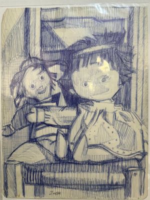 drawing of a boy and girl sitting in a chair with a doll