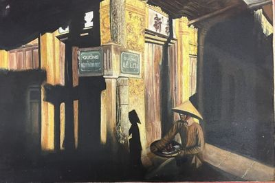 un tableau représentant un homme assis sur un banc devant un immeuble
